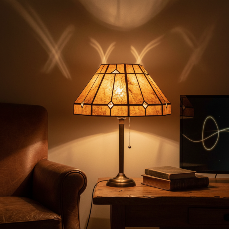 A lamp with a mica lampshade projecting light patterns on the wall.