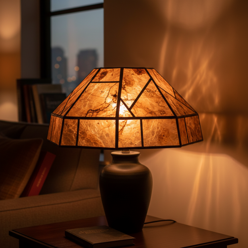A lamp with a mica lampshade.