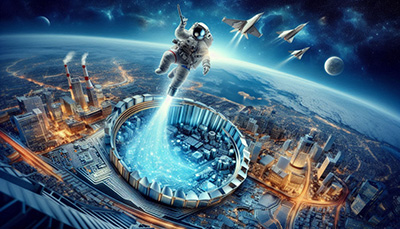 An astronaut soaring above a city skyline, surrounded by colorful rockets in flight.