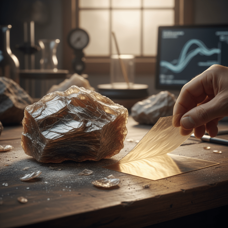 A rock of natural mica istting on a table while a hand lifts mica sheets.